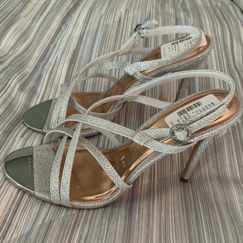 Brand new Ted Baker silver strap heels
